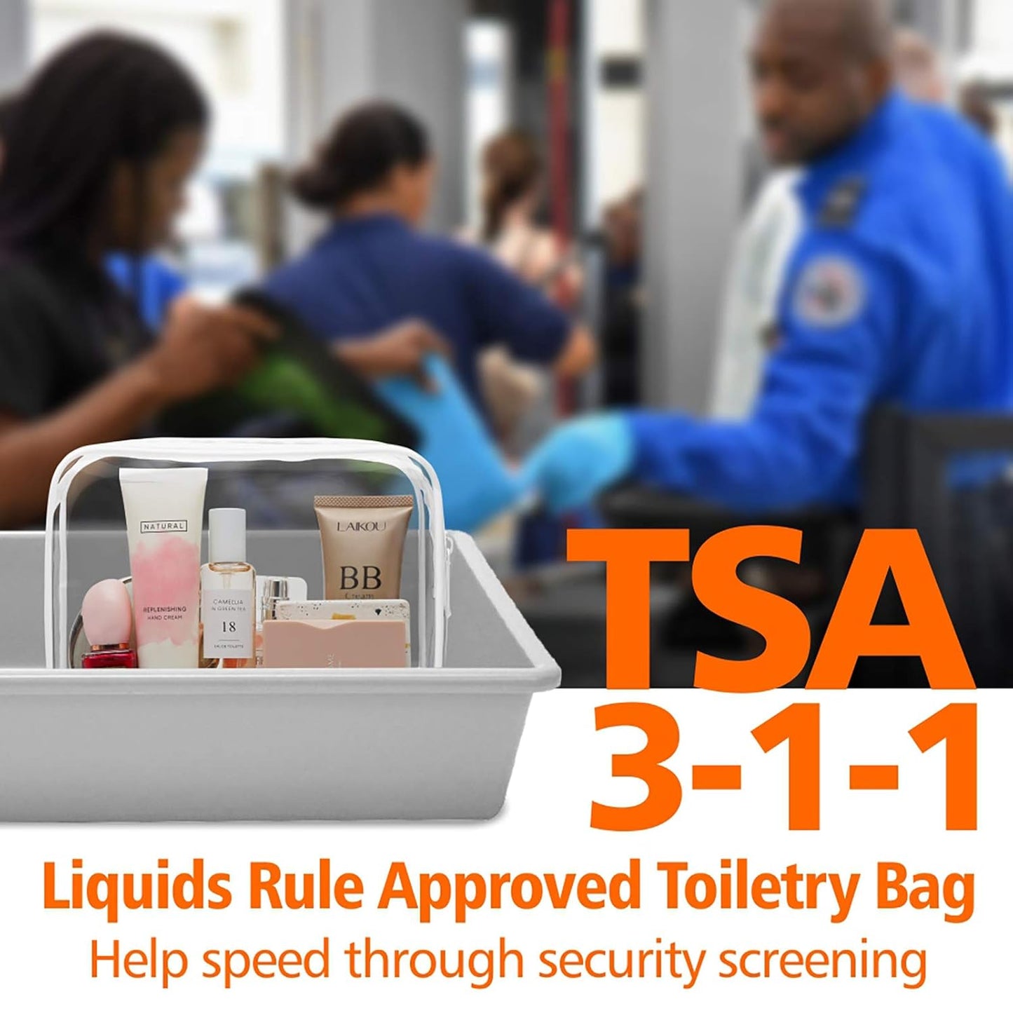 PACKISM Clear Toiletry Bag - 3 Pack TSA Approved Toiletry Bag Quart Size Bag, Travel Makeup Cosmetic Bag for Women Men, Carry on Airport Airline Compliant Bag, Black, White, Orange