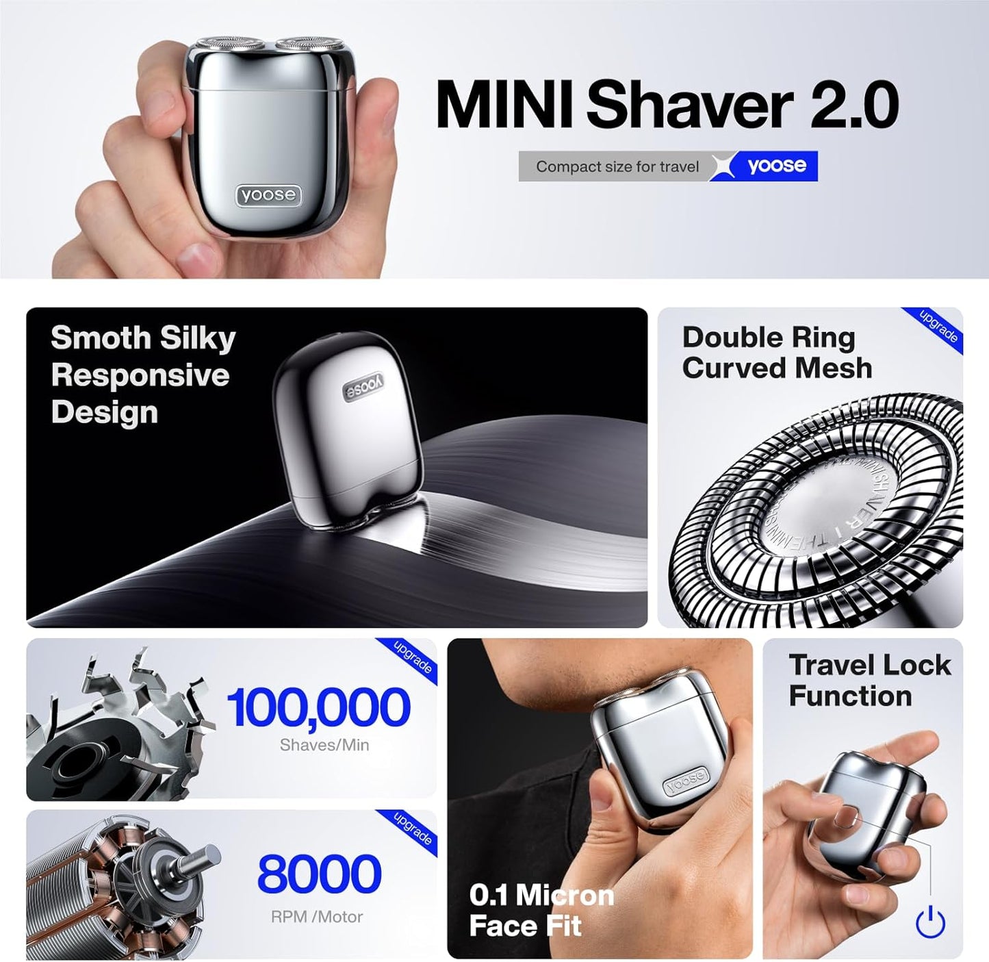 yoose Mini Shaver, Portable Alloy Electric Shaver for Men, Cordless Travel Shavers, Dry Shave, USB-C Rechargeable Electric Razor, IPX7 Waterproof, Easy Cleaning, Battery Indicator, Silver