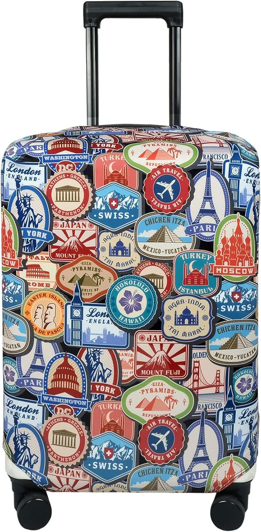 Explore Land Travel Luggage Cover Suitcase Protector Fits 23-26 Inch Case (Landmark Sticker, M)
