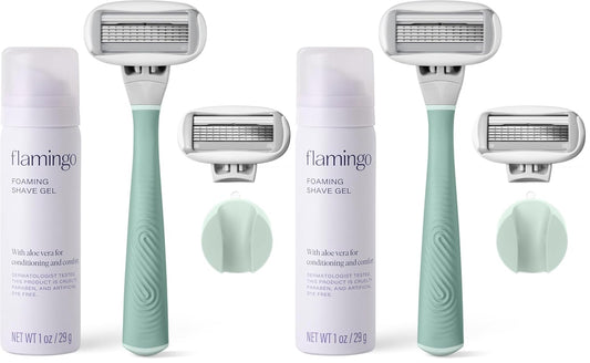 FLAMINGO 5-Blade Razors for Women - 1 Razor Handle + 1oz Foaming Shave Gel + 1 Shower Holder - Sage (Pack of 2)