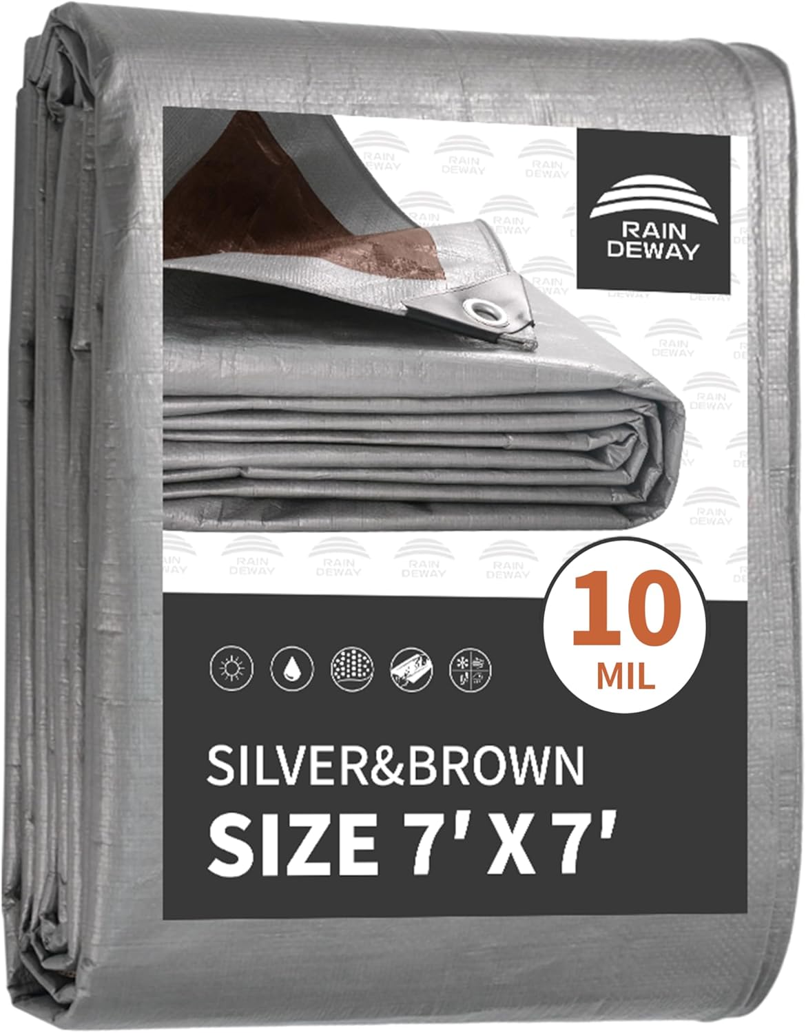 RAINDEWAY Tarps Heavy Duty Waterproof 7x7 Feet, 10Mil Multipurpose Poly Tarp Cover with Metal Grommets and Reinforced Edges, Silver/Brown Tarp