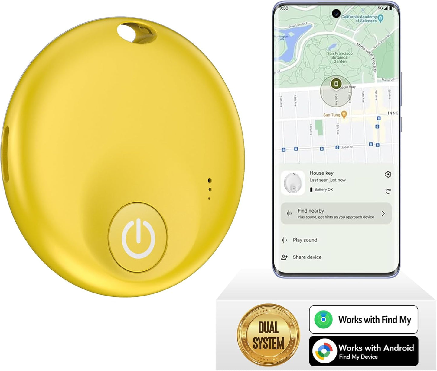 FindTag Duo - Dual System Tracker for iOS or Android, Bluetooth Tracking Tag/Key Finder/Luggage Tracker/Item Locator, Compatible with iOS Find My or Google Find Hub App (Yellow)