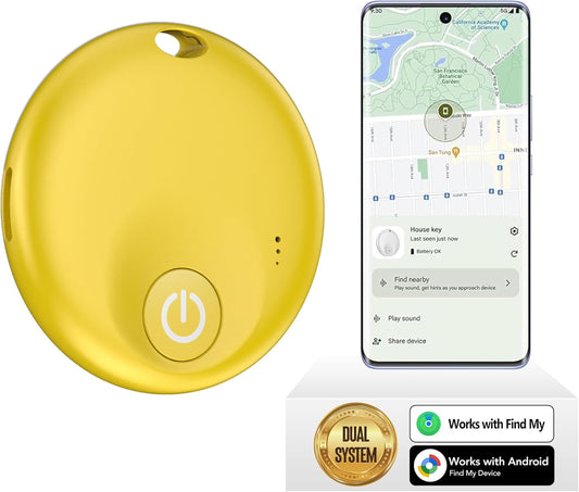 FindTag Duo - Dual System Tracker for iOS or Android, Bluetooth Tracking Tag/Key Finder/Luggage Tracker/Item Locator, Compatible with iOS Find My or Google Find Hub App (Yellow)