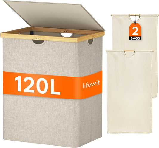 Lifewit 120L Double Laundry Hamper with Lid, Extra Large Bamboo Laundry Basket Dirty Clothes Hamper, 2 Section Laundry Bin Organizer for Laundry Room Bedroom with 2 Removable Liners & Bags, Beige