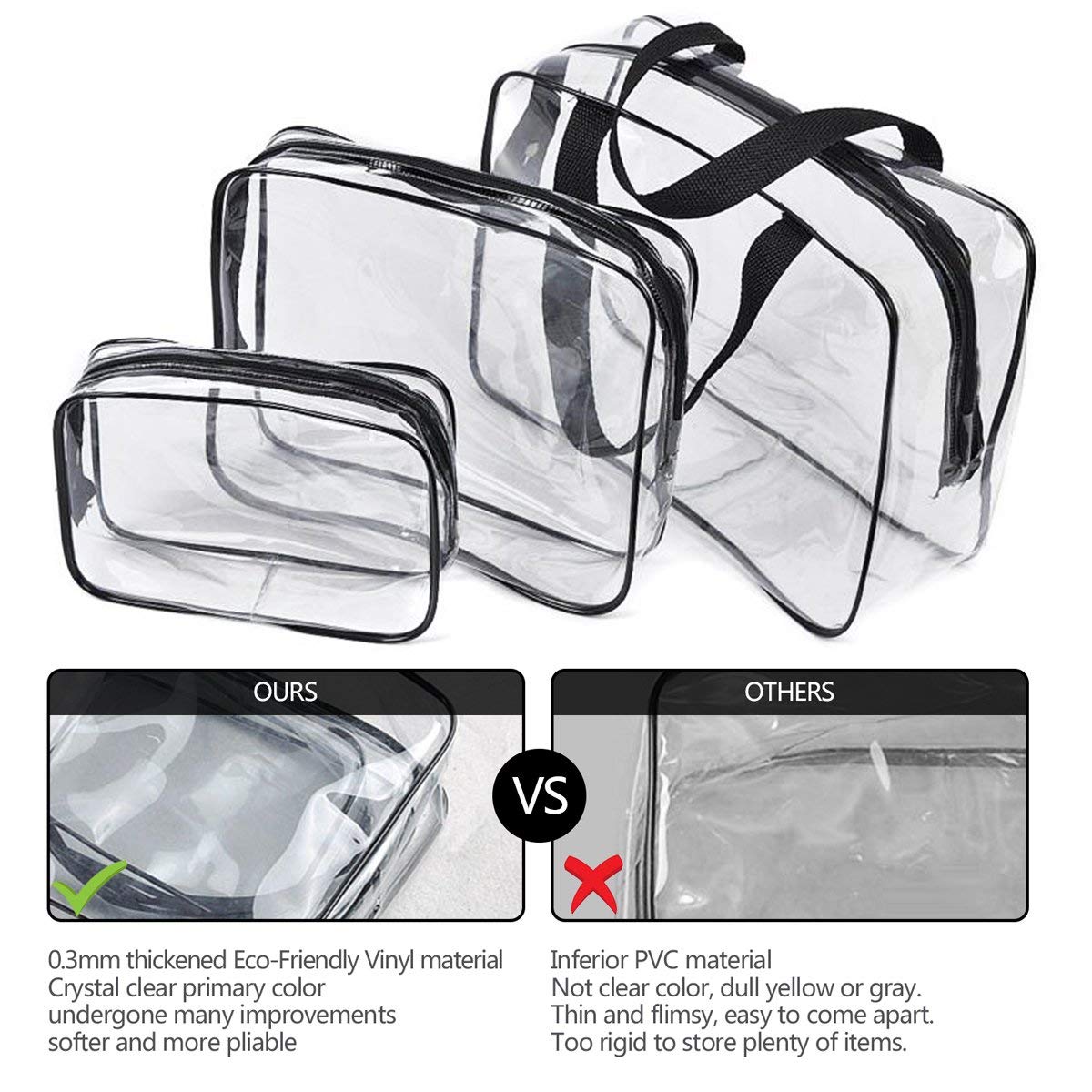 5Pcs Crystal Clear PVC Travel Toiletry Bag Kit for Women Men, Waterproof Vinyl Packing Organizer Storage Bags with Zipper Handle Straps, Cosmetic Pouch Carry on Airport Airline Compliant Bag Handbag