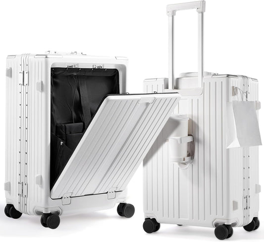 UrbanExplorer 24 Inch Check-In Aluminum Frame Luggage, ABS+PC Hard Shell Suitcases with Spinner Wheels TSA Approved Checked Luggage, Zipperless Suitcases with Cup Holder, White