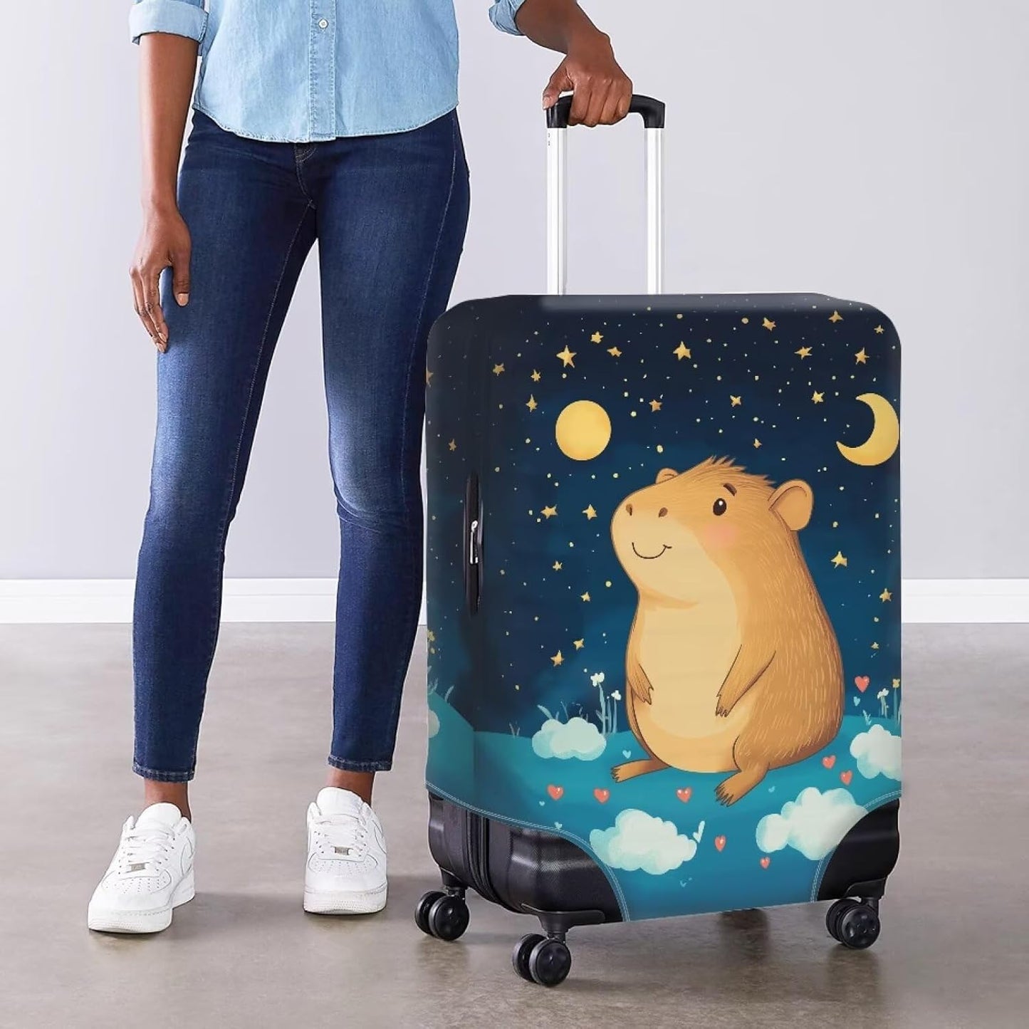 Capybara Suitcase Cover Cute Luggage Cover Protector Invisible Zipper Closure Travel Luggage Protector Fit 22-25 Inch Anti-Scratch Stretchable Suitcase Protector, Moon and Star