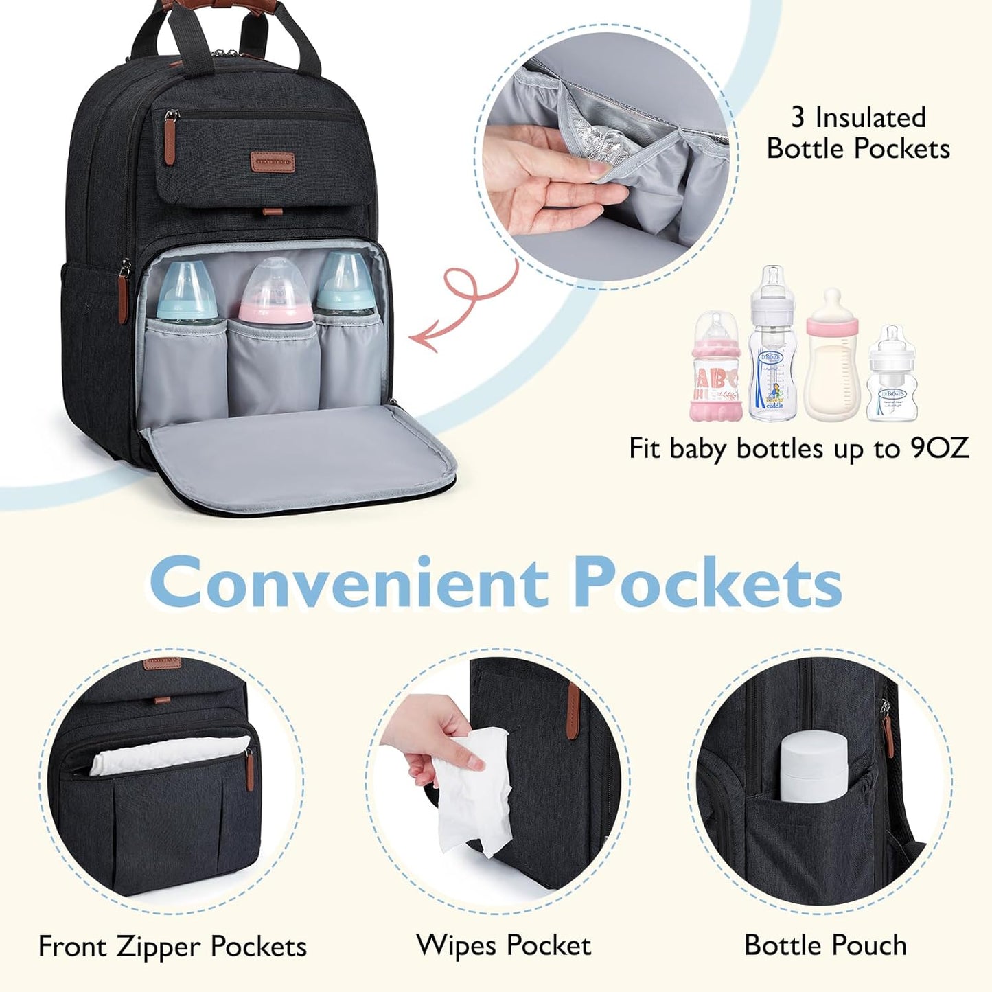 mommore Diaper Bag Backpack, Large Diaper Bag Expandable for 2 Kids/Twins, Durable Baby Bag with Changing Pad, Water Resistant Travel Diaper Backpack for Mom Dad