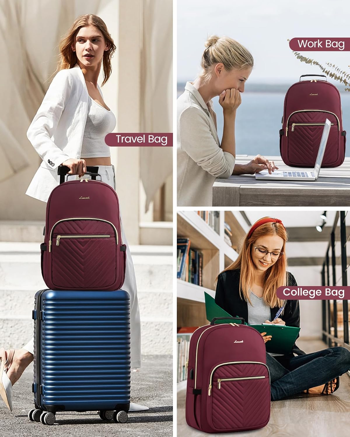LOVEVOOK Laptop Backpack Purse for Women, Work Business Travel Computer Bags, College Nurse Backpack for Womens, Quilted Casual Daypack with USB Port, Fit 15.6 Inch Laptop, Wine Red