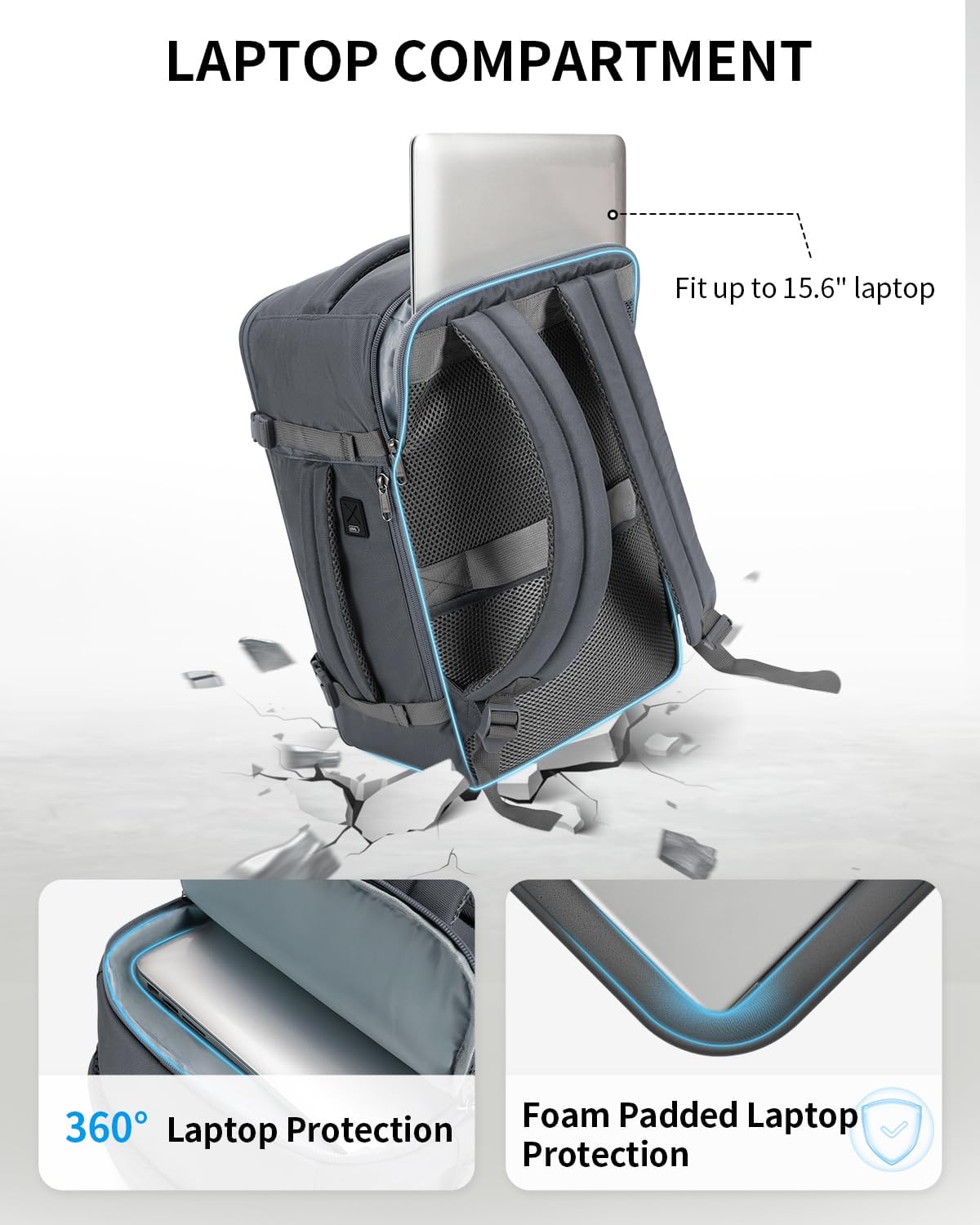 ECOHUB Travel Backpack for Men Women, Carry on Backpack with USB Charging Hole, Spirit Airlines Personal Item Bag Flight Approved, 15.6 Inch Laptop Backpack with Anti Theft Pockets, 30L, Grey