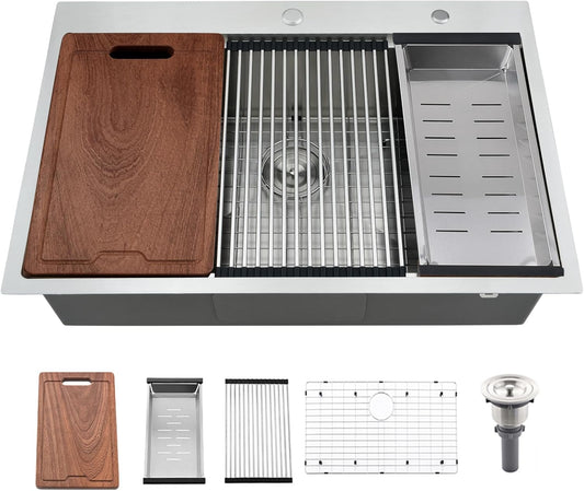30 Inch Drop In Kitchen Sink Workstation-Bokaiya 30x22 Stainless Steel Drop In Sink 16 Gauge Deep Single Bowl Kitchen Sink with Cutting Board
