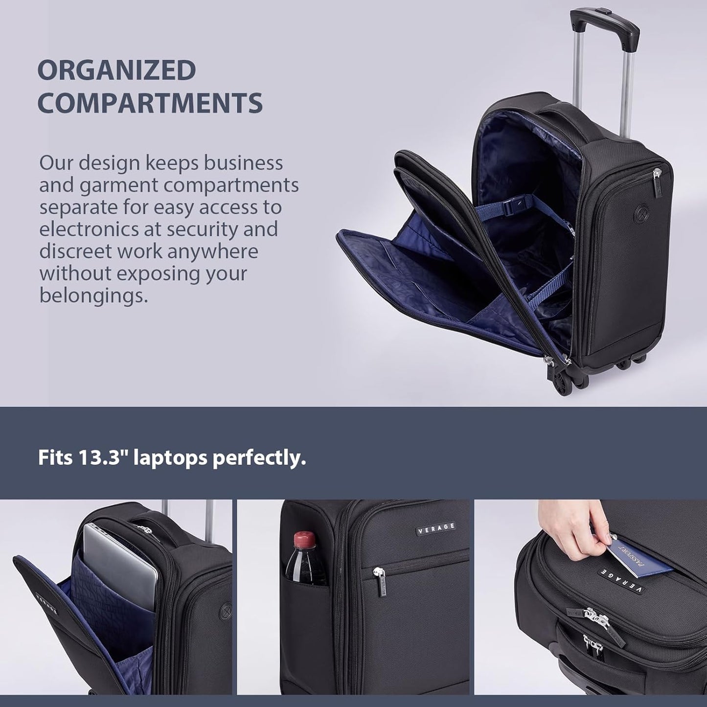 Verage Underseat Carry On Luggage with Wheels, 14.5-Inch Spinner Small Suitcase, Softside Lightweight Travel Bag for Men and Women, Airplane Carry On Bag, Black