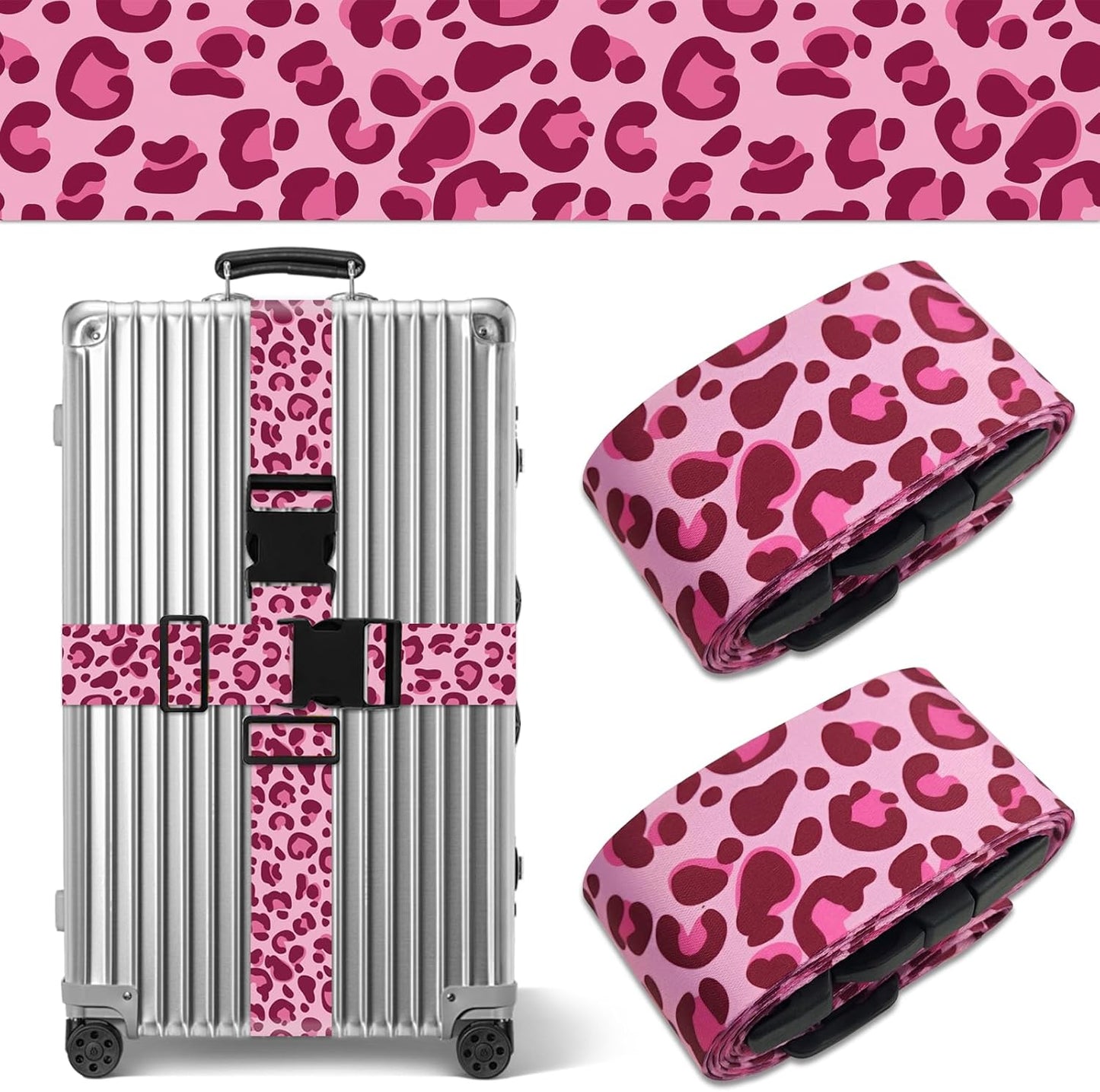 Leopard Luggage Straps for Suitcases TSA Approved, Luggage Identifiers for Suitcase, Adjustable Suitcase Strap for Baggage Security with Cute Patten, Travel Necessary Accessories (2Pack)