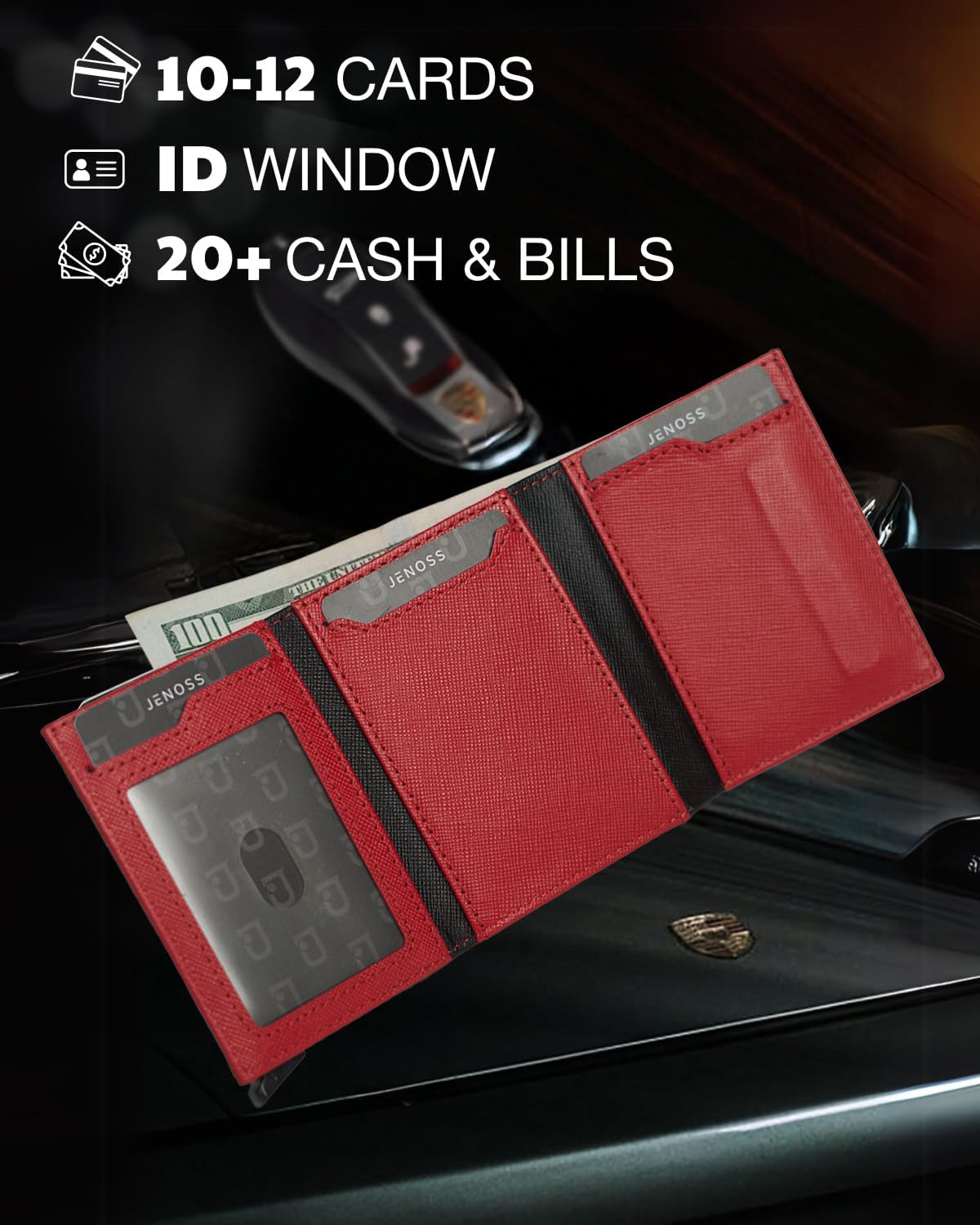 Jenoss Smart Wallet For Men & Women: Full Grain Leather, Handcrafted, Slide Metal Pop Up Case, Slim RFID Blocking Credit Card Holder Minimalist Compact 12 Cards Slot Organizers ID Clip (Red & Silver)