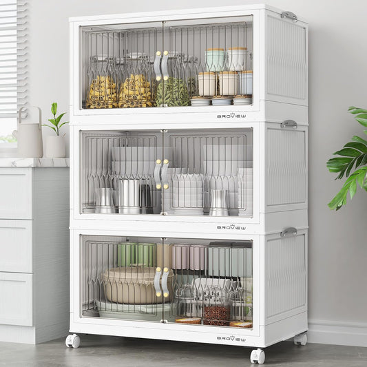 BROVIEW 300Qt Stackable Storage Bins with Lid, Extra Large Closet Organizer Collapsible Drawer Boxes with Wheels, Folding Plastic Cabinet Containers for Home Kitchen Room Organization, 3Pack White