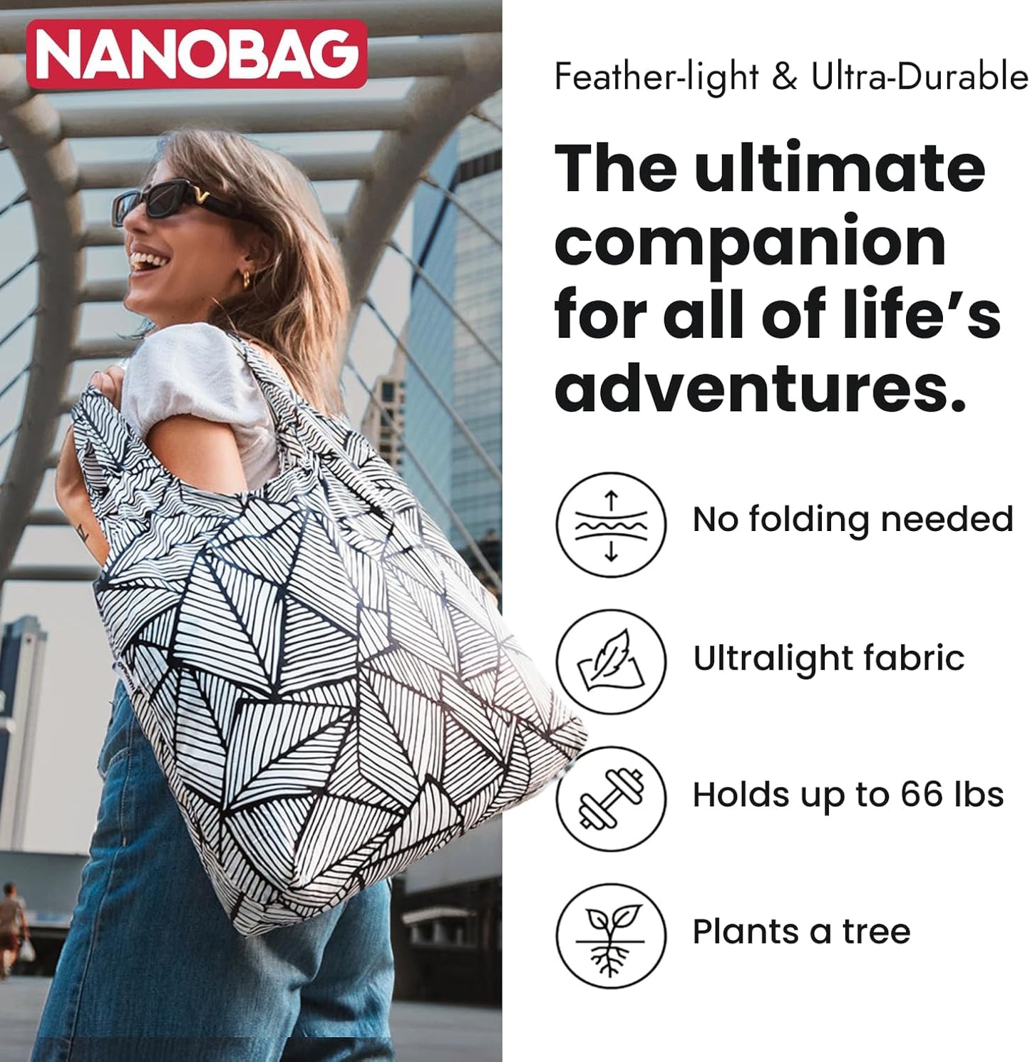 Nanobag Ultra-Lightweight Foldable Tote for Women & Men, Reusable Grocery & Travel Bag, Packable Collapsible Compact Market Essential (Standard Black)