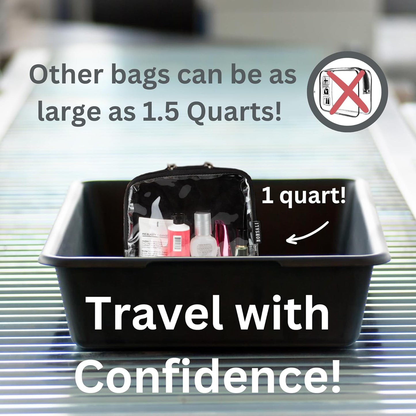 BORSALI TSA Approved Toiletry Bag - Clear Quart Size for 3-1-1 Carry On Travel - Makeup Organizer Cosmetic Pouch with Zipper - Travel Accessories - Black With Handle