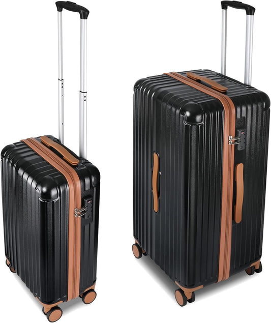 Carry-on 20 Inch and 28 Inch Square Thickened ABS+PC Hard Shell luggage, 2-Piece Suitcase Set with TSA Lock & Dual Zipper Mesh Inner Layer Design, Black Brown