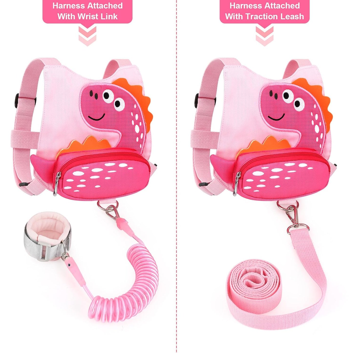 Toddler Leash Harness + Anti Lost Wrist Link, Accmor Cute Dinosaur Kids Harnesses with Leashes,3 in 1 Baby Walking Wristband Child Outdoor Anti-lsot Tether Rope Reins for Chidren Girls (Pink)