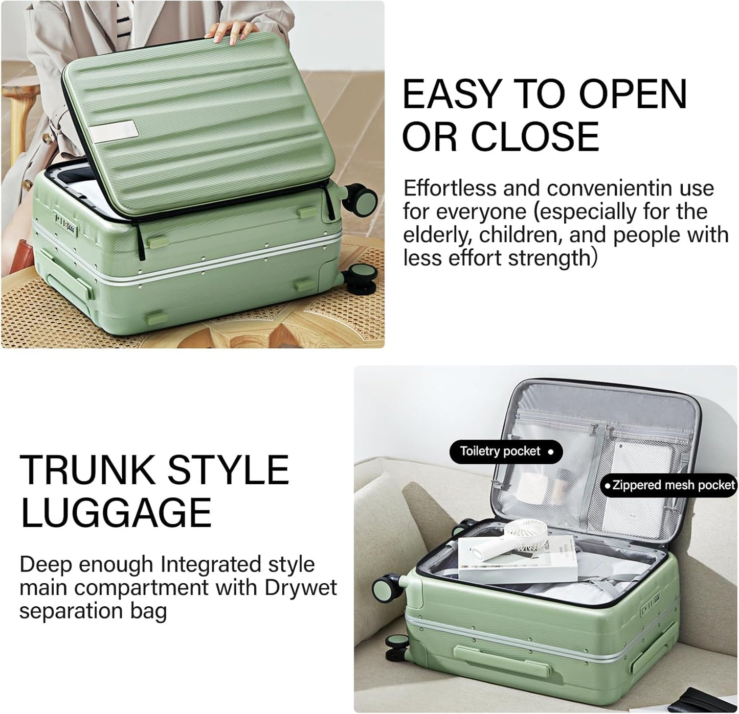 Hanke 20 Inch Carry-On Luggage with Wheels PC Hard Shell Suitcases Top Opening Aluminum Frame Travel Luggage Suitcases for Woman Men.(Bamboo Green)
