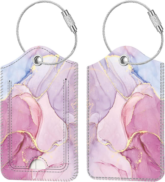 Fintie Luggage Tags, Privacy Cover ID Label with Stainless Steel Loop and Address Card for Travel Bag Suitcase - Glittering Marble (2 Piece)