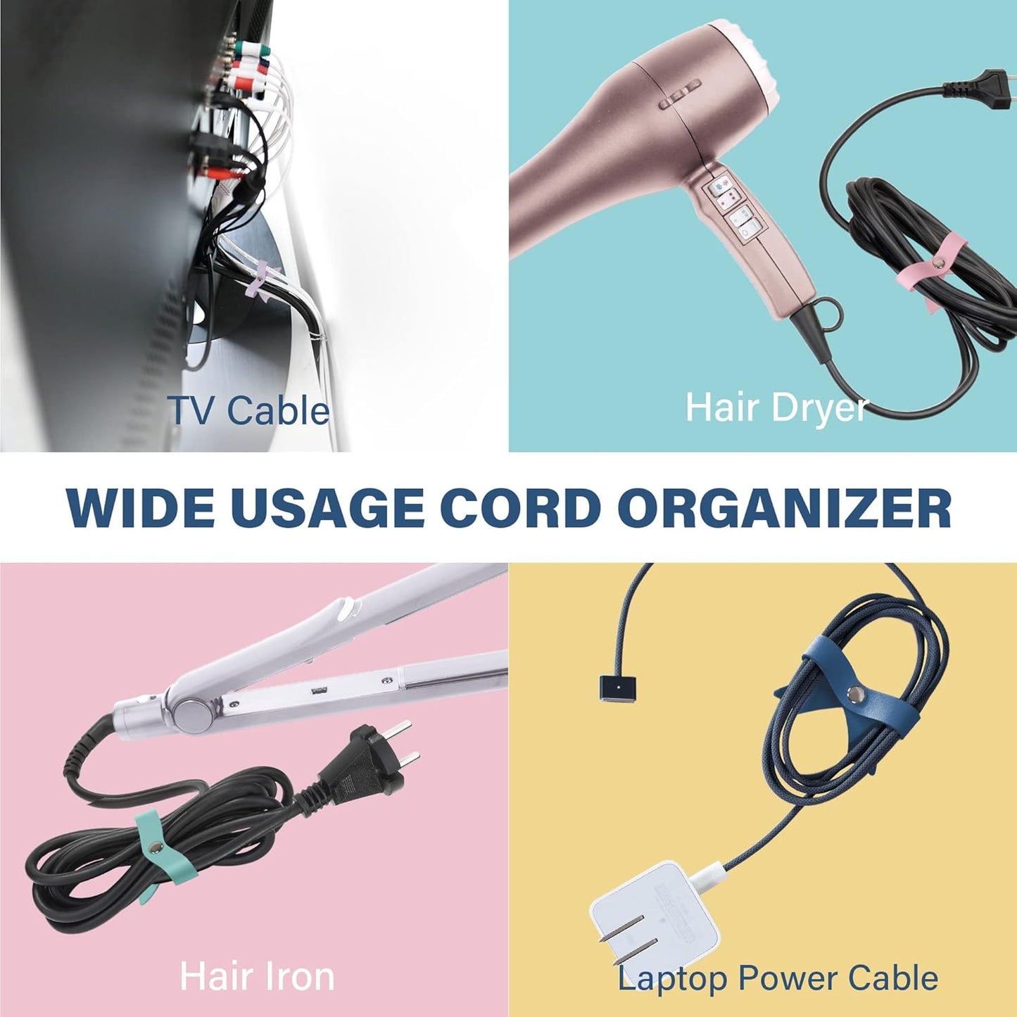 SenseAGE 5 Pack Cord Organizer, Bow Cord Keeper, Cable Organizer USB Holder, Leather Cable Management, Cable Straps, Earphone Winder, Storage Straps for Electronics, Earbuds, Big, Random Blue