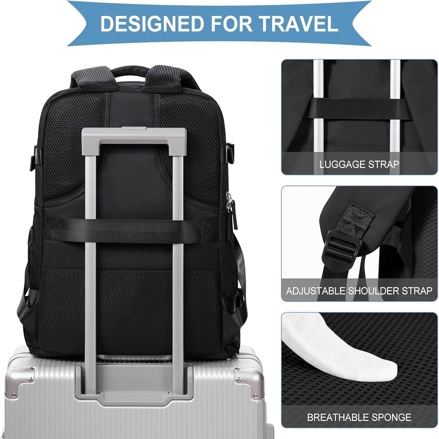 coowoz Travel Backpack For Women Men,Carry On Backpack,Hiking Backpack Waterproof Outdoor Sports Rucksack Casual Daypack Travel Essentials（Black） 25L