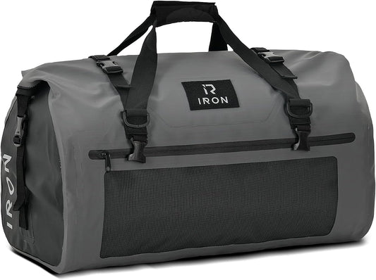 IRON JIA'S Motorcycle Dry Bag - Waterproof Duffle & Luggage Tail Bag Saddle Bags with Roll Top Closure, Shoulder Straps, Inner Pocket and Mesh Pocket (Grey, 70L)