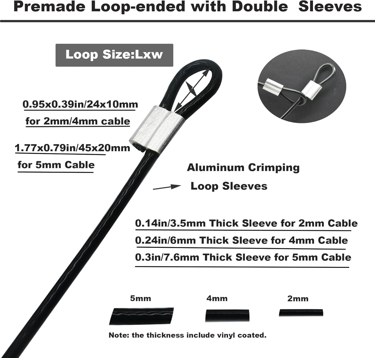 5 Pcs 5mm Wire 24 inch Vinyl Coated Stainless Steel Cable with Loops Short Wire Rope Lanyard Lock Security Chain Link for Outdoor Gates, Black(5mm x24inch)