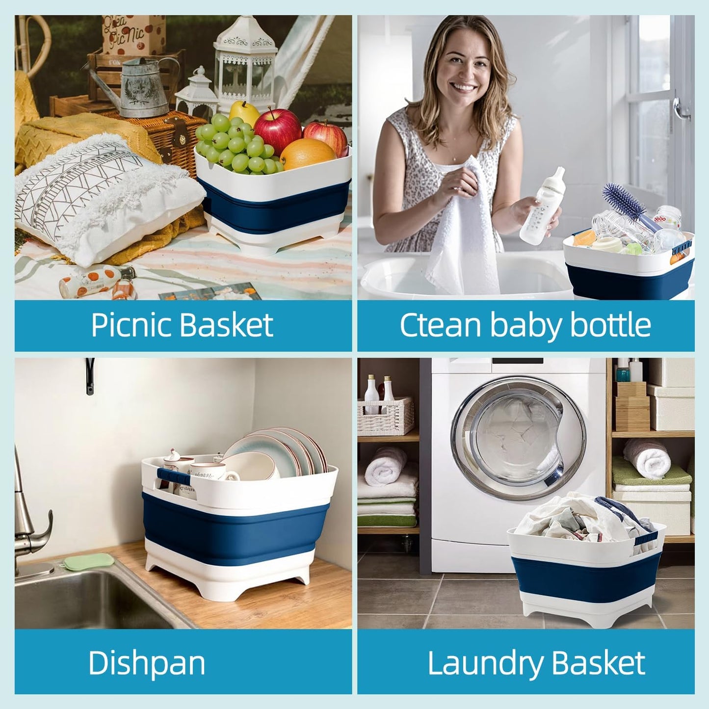 Collapsible Wash Basin for Baby Bottles - 2.4 Gallons Portable Wash Bin for RV Camping Sink, Space-Saving Dish Tub.Laundry & Utility Room Sinks (Navy Blue)