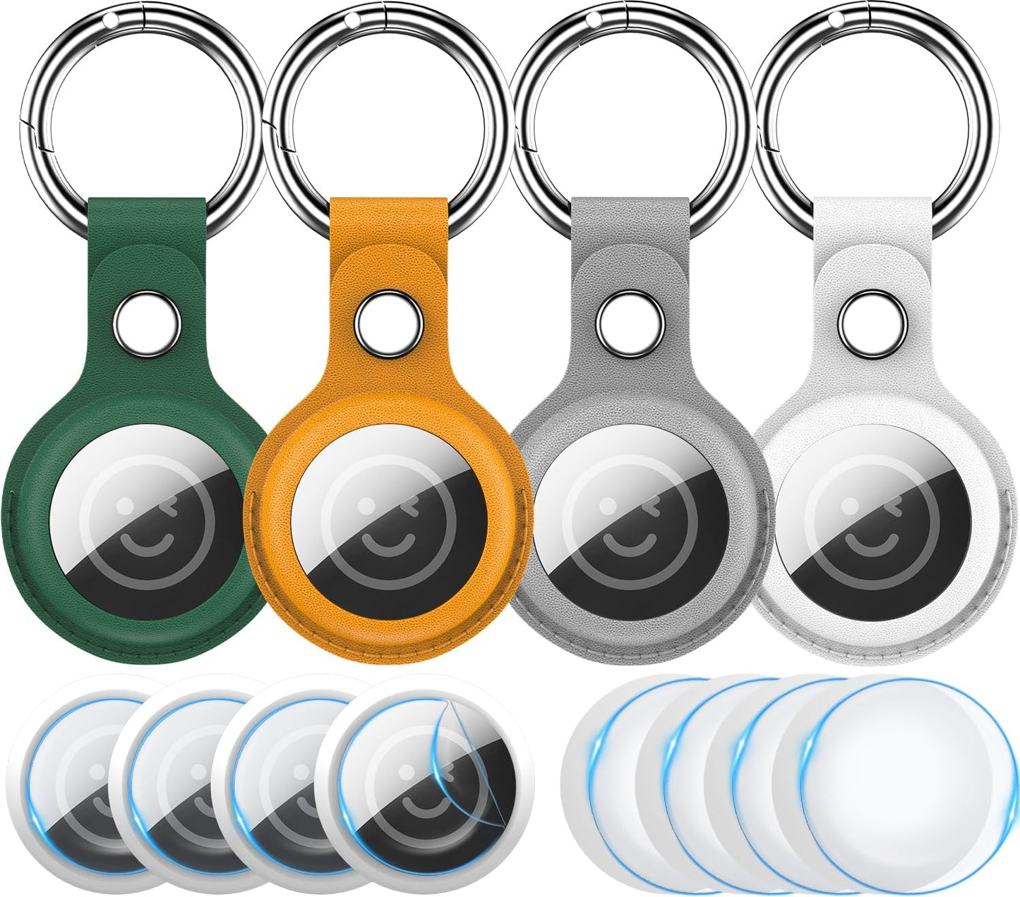 RFUNGUANGO Airtags Holder Keychain Keyring, 4 Pack Leather Case Cover for Women Men Kids with Apple Air Tag GPS Tracker Item Finders-Green,Yellow,Grey,White