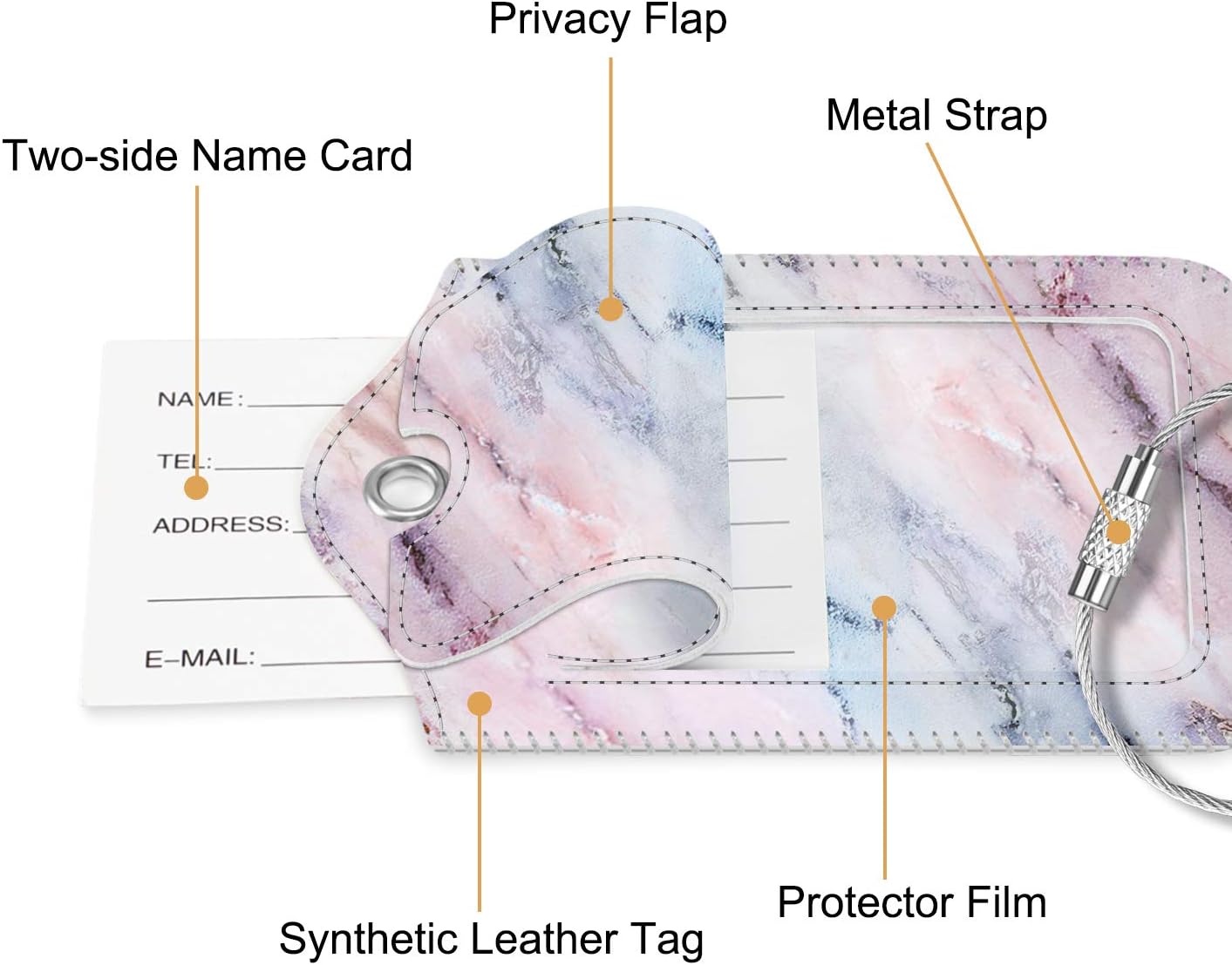 Fintie Luggage Tags, Privacy Cover ID Label with Stainless Steel Loop and Address Card for Travel Bag Suitcase - Marble Pink (2 Piece)