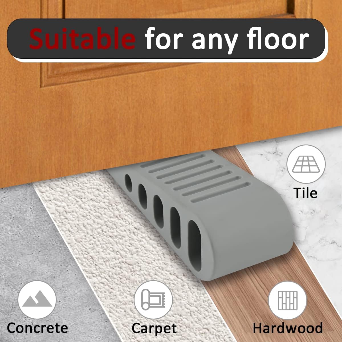 JQK Rubber Door Stopper Wedge, Grey 3 Pack Soft TPR Premium Door Stops for Bottom of Heavy Duty Door on Tile, Concrete, Carpet, Wooden Floor, DSB61-GY-P3