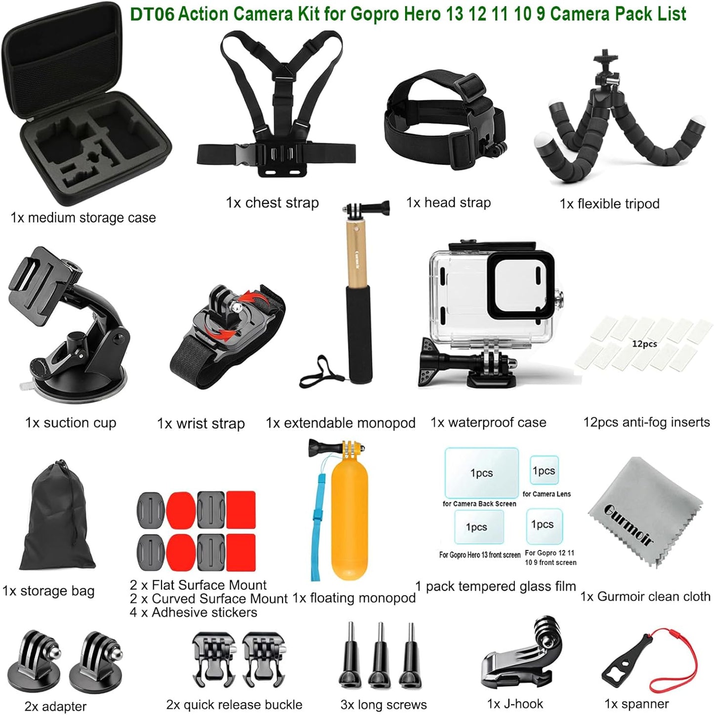 Gurmoir Accessory Pack for Go Pro 13 12 11 10 9 Hero, Full Essential Accessories Kit with Waterproof Protective Housing Case for GoPro Hero 13 12 11 10 9 Black(DT06)