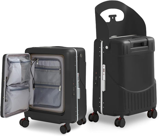 TABU 20" Ride-on Luggage with Seat，Front Opening Carry-On Hardshell Ride On Suitcase with Built-in Charging Port, 360° Lockable Spinner and TSA Lock, for Kids & Adults, Black