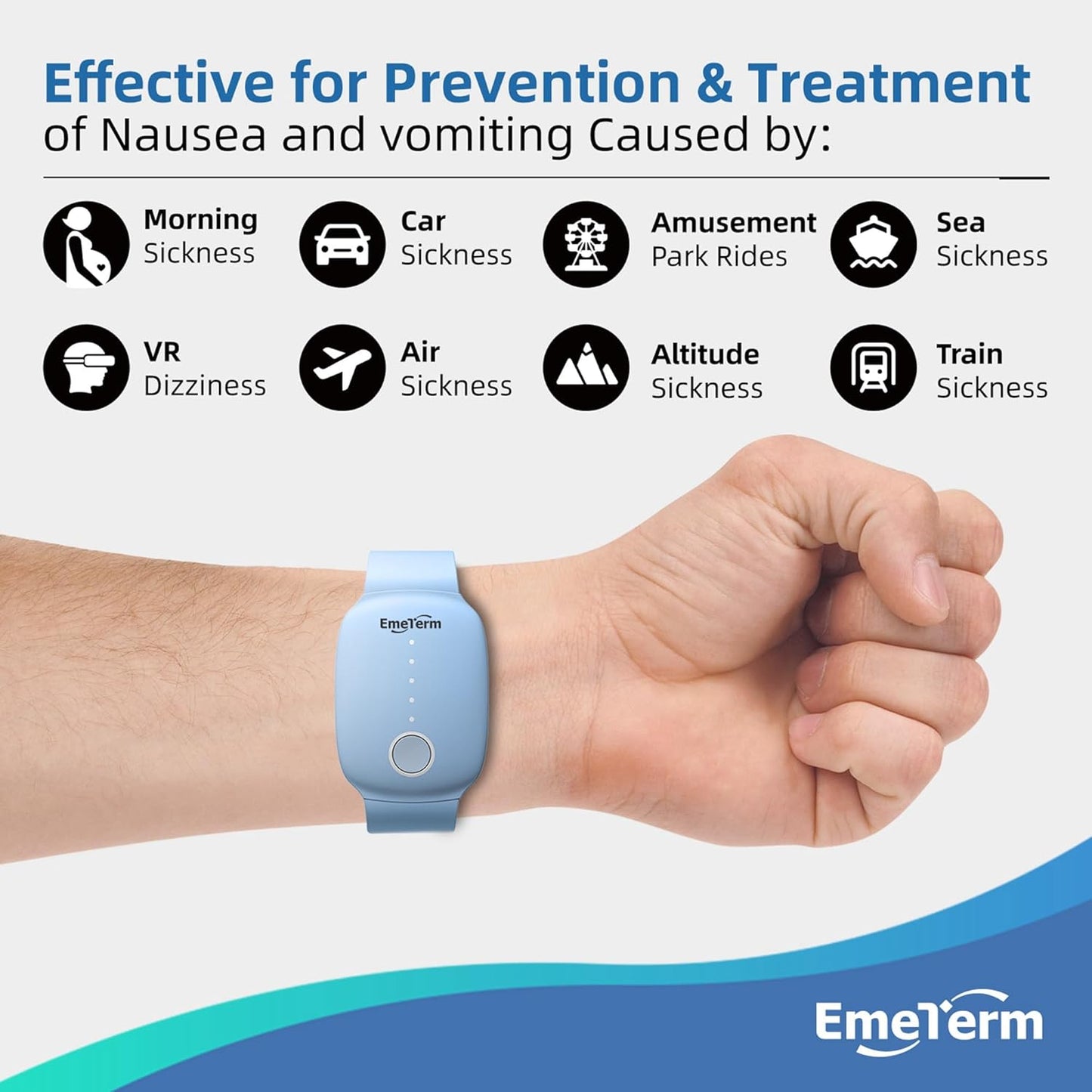 EmeTerm Fashion FDA-Cleared Relieve Nausea Electrode Stimulator Morning Sickness Motion Travel Sickness Vomit Relief Rechargeable No Gel Drug Free Wrist Bands Without Side Effects (2 Pack)