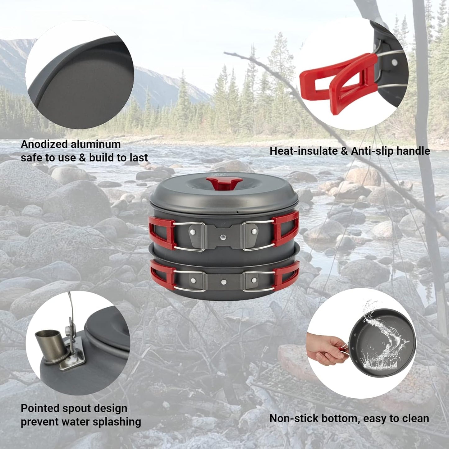 Bulin 24/13/11/8/4 PCS Camping Cookware Mess Kit Lightweight Backpacking Cooking Set Outdoor Cook Gear for Family Hiking, Picnic(Kettle, Pot, Frying Pan, Bowls, Plates, Spoon)