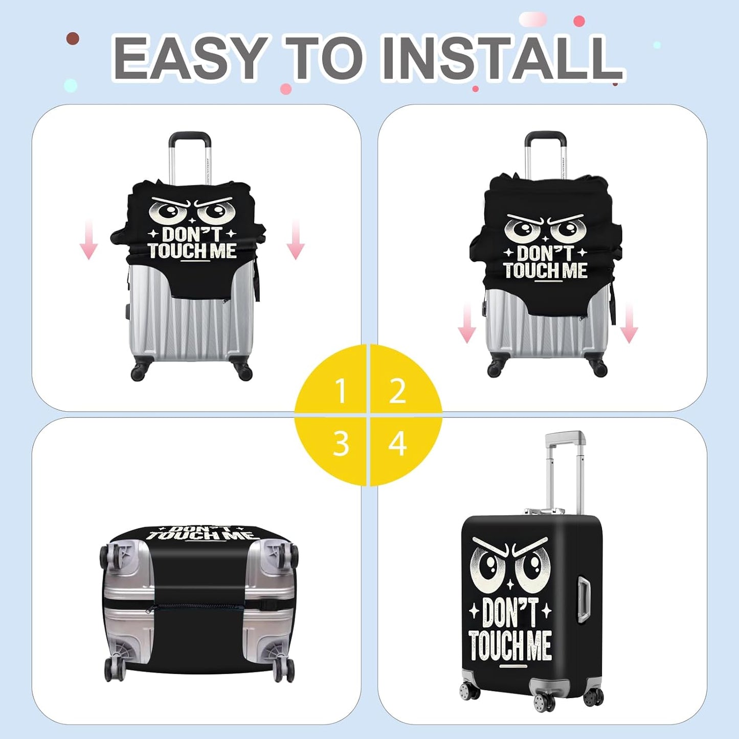 ANNA QUEEN Funny “Don’t Touch Me” Luggage Cover, Bold Black Suitcase Protector with Angry Eyes Design, Stretchable, Washable Travel Cover for 24-26 Inch Luggage