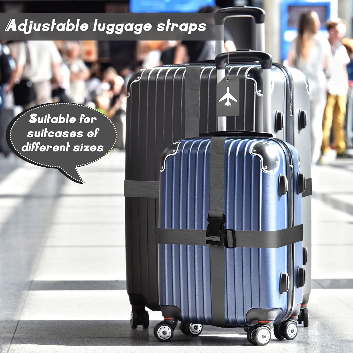 Weewooday 8 Pcs Luggage Straps Suitcase Tags Set for TSA Approved, 4 Travel Adjustable Suitcase Belt, 4 Silicone Luggage Tags with Name ID Card Travel Accessories(Dark Gray,Airplane)