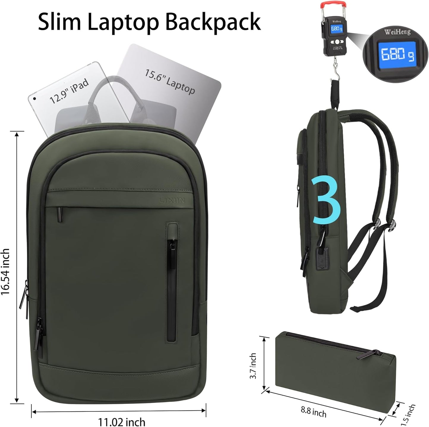 Business Backpack for Men Lightweight Commute Laptop Backpack Anti-Theft Water Resistant Backpack for 15.6 Inch Computer for Daily Office Work with Small Bag (Green)