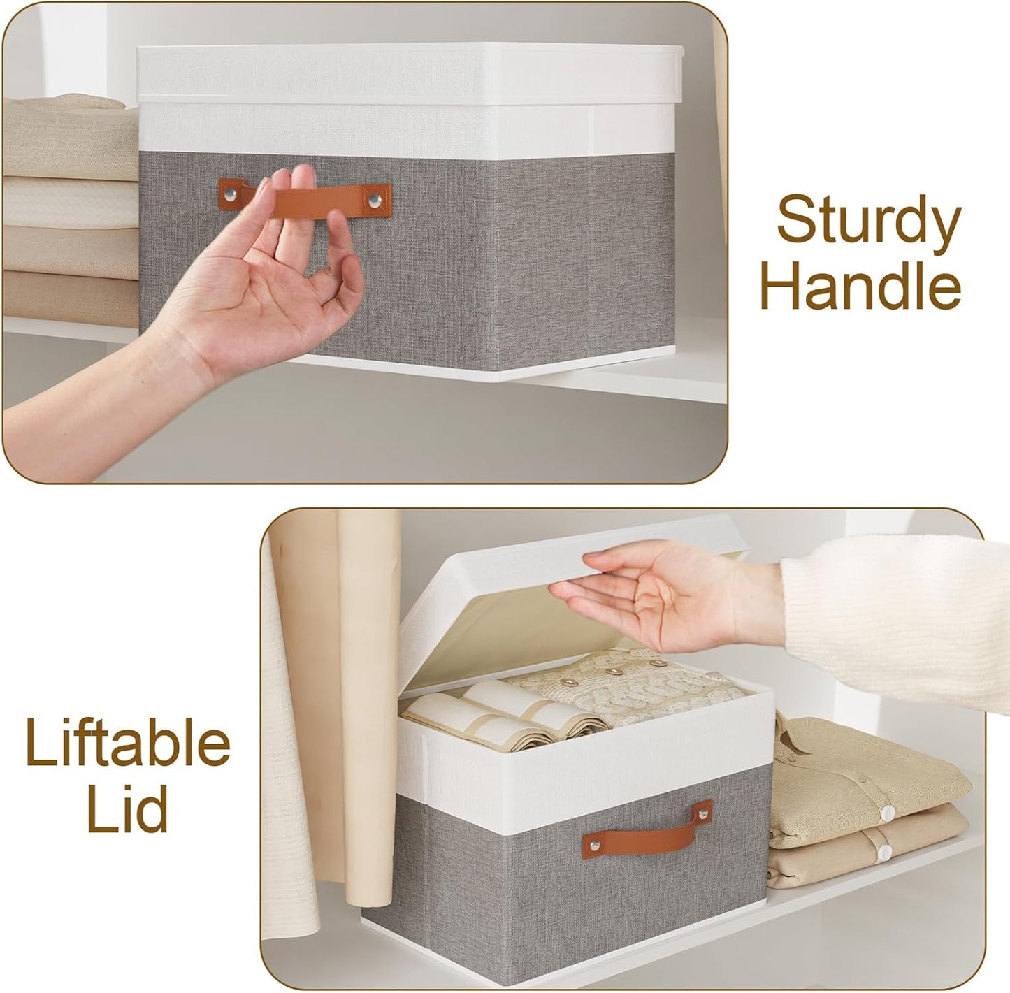 Fabric Storage Boxes with Lids, Linen Foldable Cloth Baskets, Closet Organizer Containers with Double Handles, Sweater Bins for Bedroom, White and Grey, 3 Pack, 13 x 9.1 x 7.9 Inch