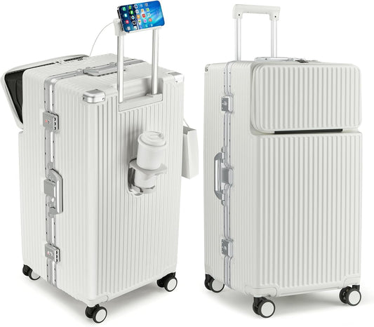 feilario 30in Super Large Captain Aluminum Frame Hardside Spinner Wheels Luggage, Zipperless Checked Suitcase with Front Compartment/Cup Holder/Phone Holder