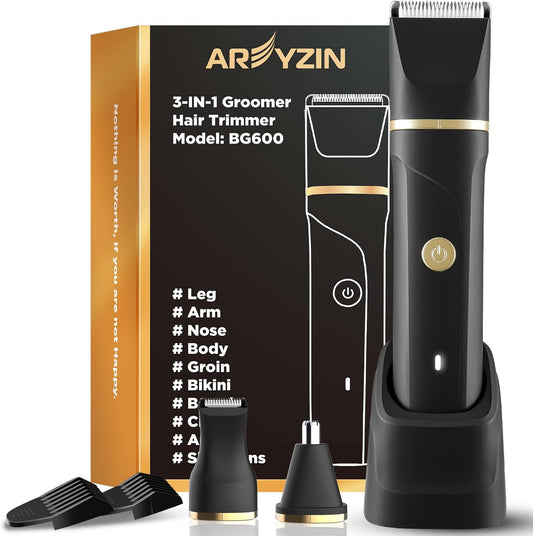 AREYZIN Body Hair Trimmer Men: Manscape 3 in 1 Electric Razor, Hair Trimmer for Body Groomer,Beard, Nose/Ear Hair,USB-C Replaceable Dock Ceramic Blade Heads,Christmas Gifts for Men
