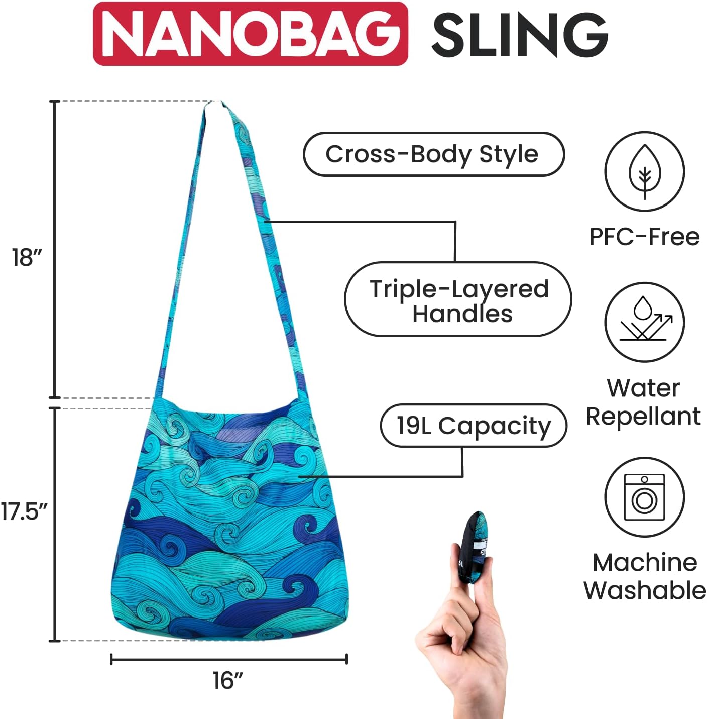 Nanobag Ultra-Lightweight Foldable Sling for Women & Men, Reusable Grocery & Travel Bag, Packable Collapsible Compact Market Crossbody (Sling Blue Waves)