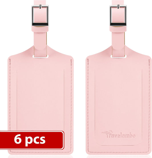 Travelambo Luggage Tags for Suitcases Faux Leather Privacy Protection 6 Pack Bag Tags Travel Accessories Essential, Light Pink