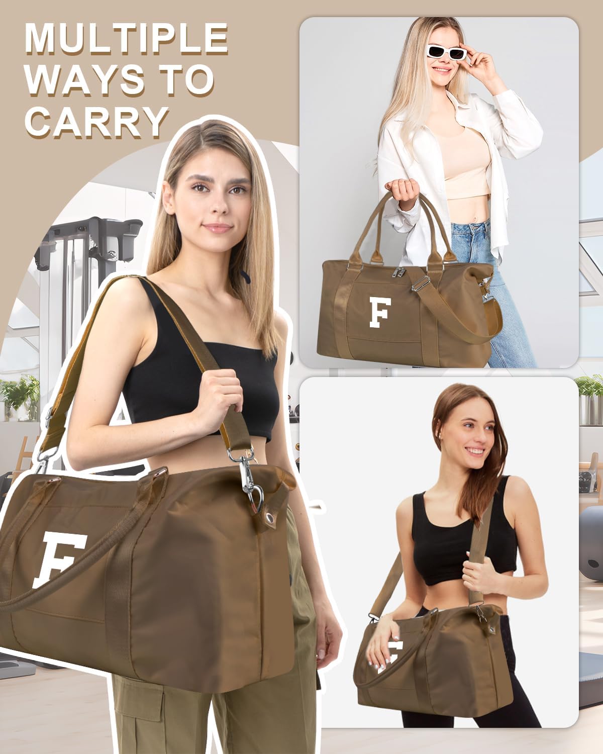 Birthday Graduation Gifts for Daughter,Initial Travel Duffel Bag Sports Gym Bag for Girls Teen Kids Birthday Gifts,Personalized Weekender Bag Carry On Tote Bags Cute Overnight Bag for Women(Brown, F)