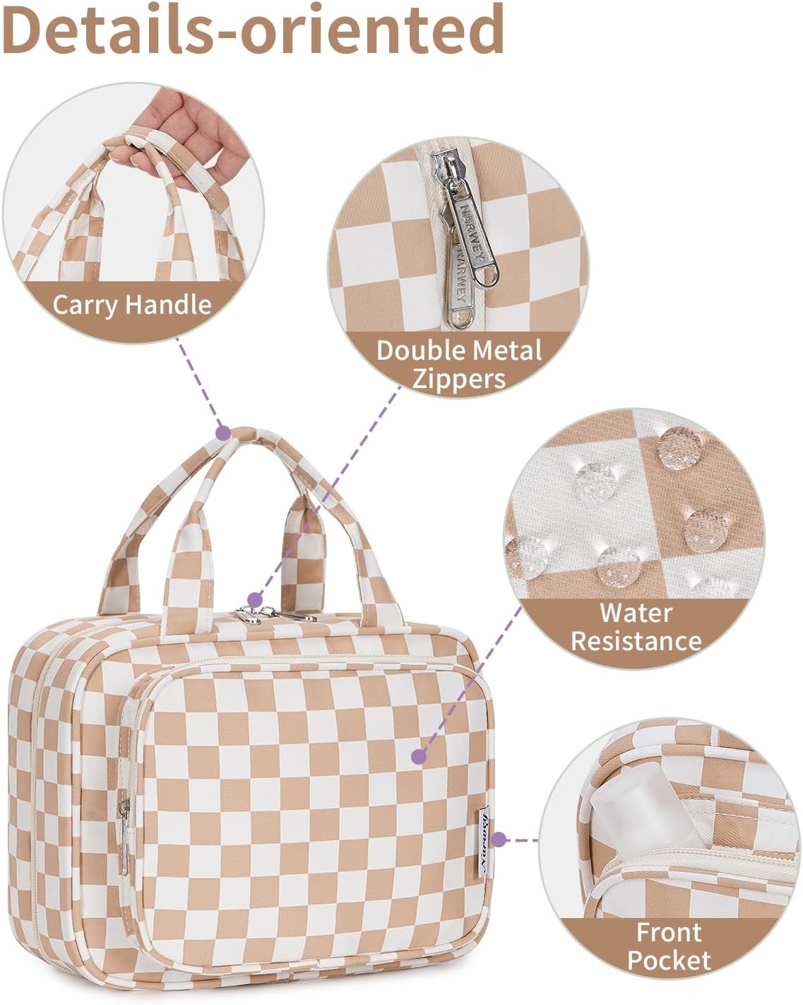 Narwey Hanging Toiletry Bag for Women Travel Makeup Bag Organizer Toiletries Bag for Travel Size Essentials Accessories Cosmetics (Light Checkerboard (Medium))