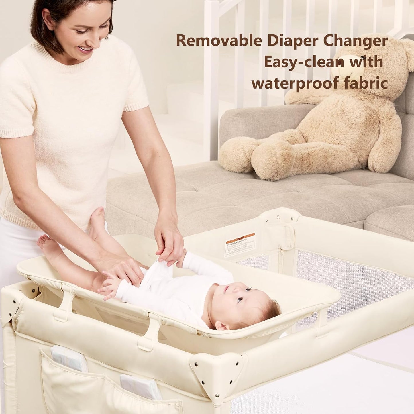 ANGELBLISS Baby Bassinet Bedside Crib, Pack and Play with Mattress, Diaper Changer, One-Push Setup Playards from Infants to Toddlers (Beige)