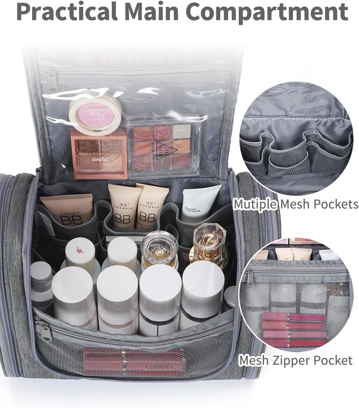 Narwey Hanging Toiletry Bag for Women Travel Makeup Bag Organizer Toiletries Bag Men for Cosmetics Essentials Accessories (Large, Grey)