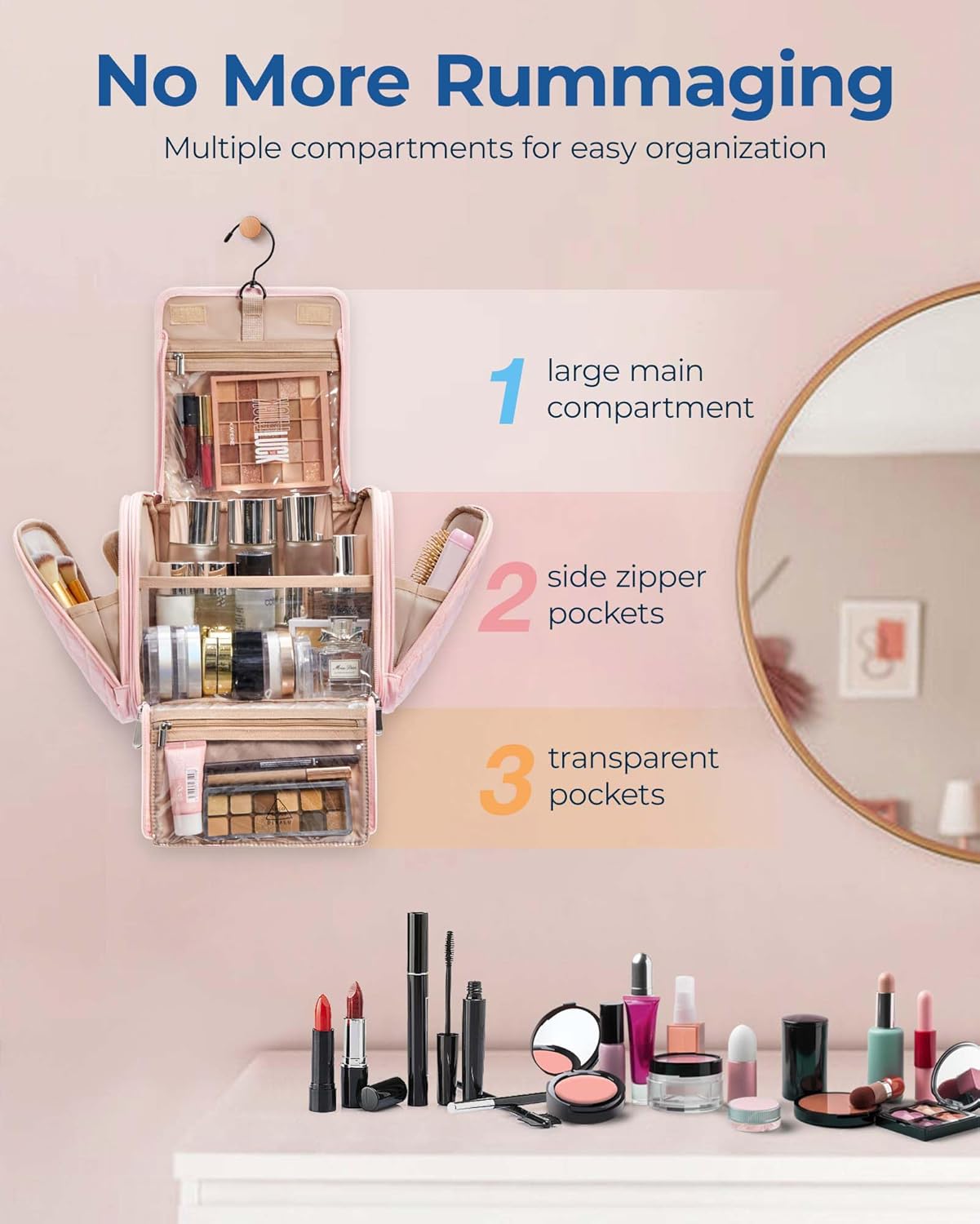BAGSMART Makeup Bag for Women with Hanging Hook, Large Portable Capacity Water-resistant Organizer Travel Case for Toiletries and Cosmetics, Pink